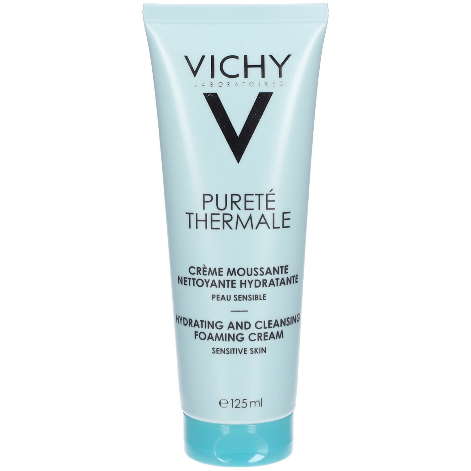 Tube bleu clair. Inscription: Vichy, Pureté Thermale, Crème Moussante, Hydrating and Cleansing Foaming Cream. Pour peaux sensibles.