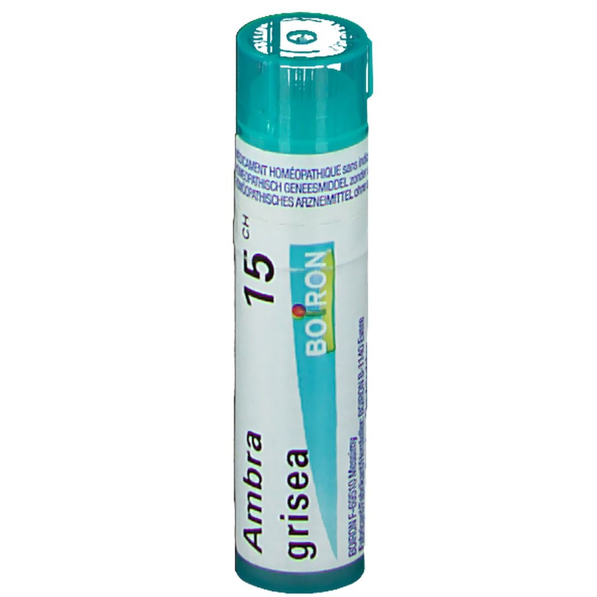 Tube cylindrique avec bouchon vert. Inscription: Ambra grisea 15 CH, Boiron.