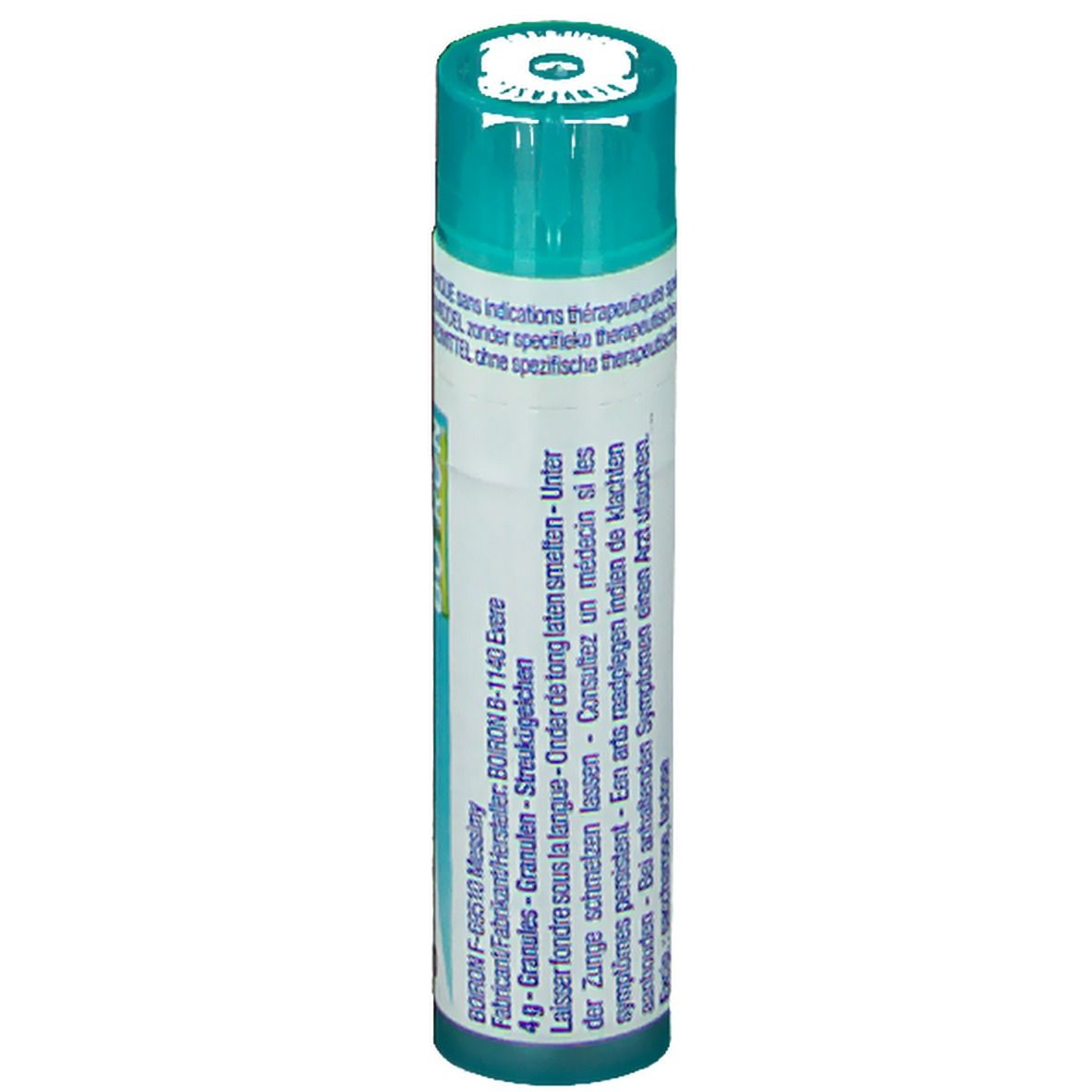 Tube cylindrique avec bouchon vert. Inscription: Boiron, 4g, Granules.