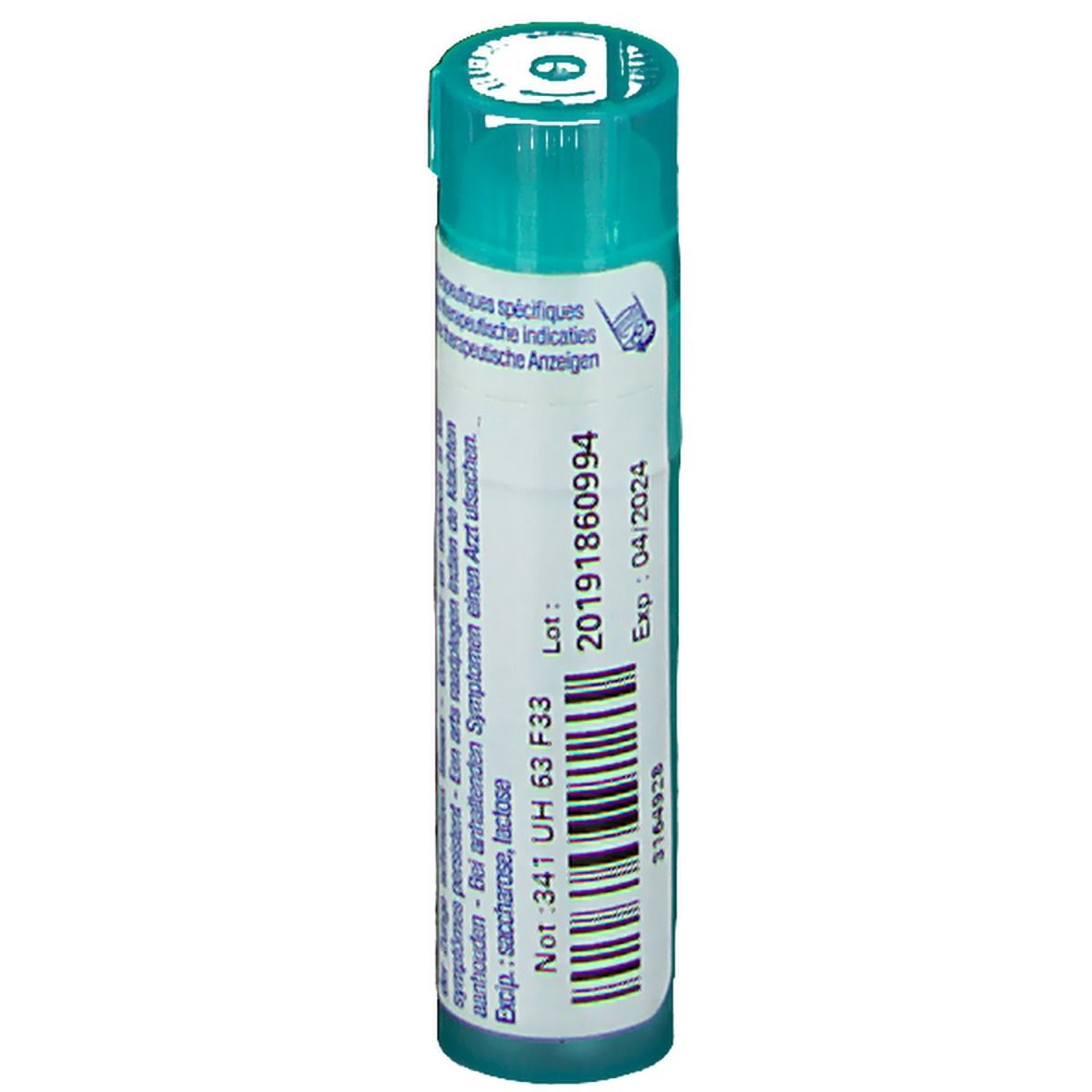Tube cylindrique avec bouchon vert. Inscription: Lot, Exp: 04/2024, 20191860994.