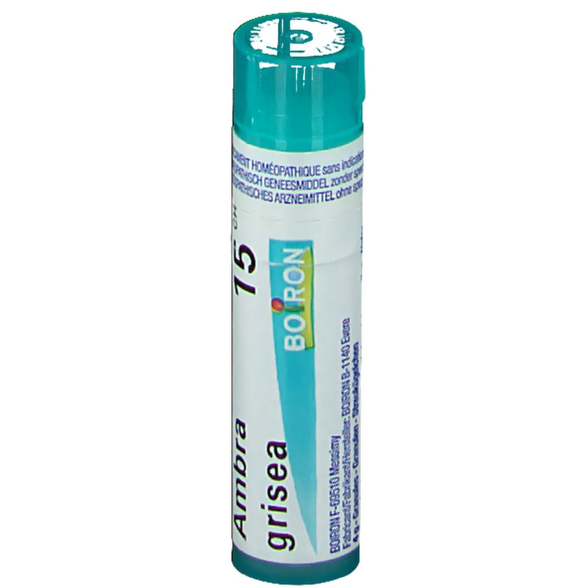 Tube cylindrique avec bouchon vert. Inscription: Ambra grisea 15 CH, Boiron.