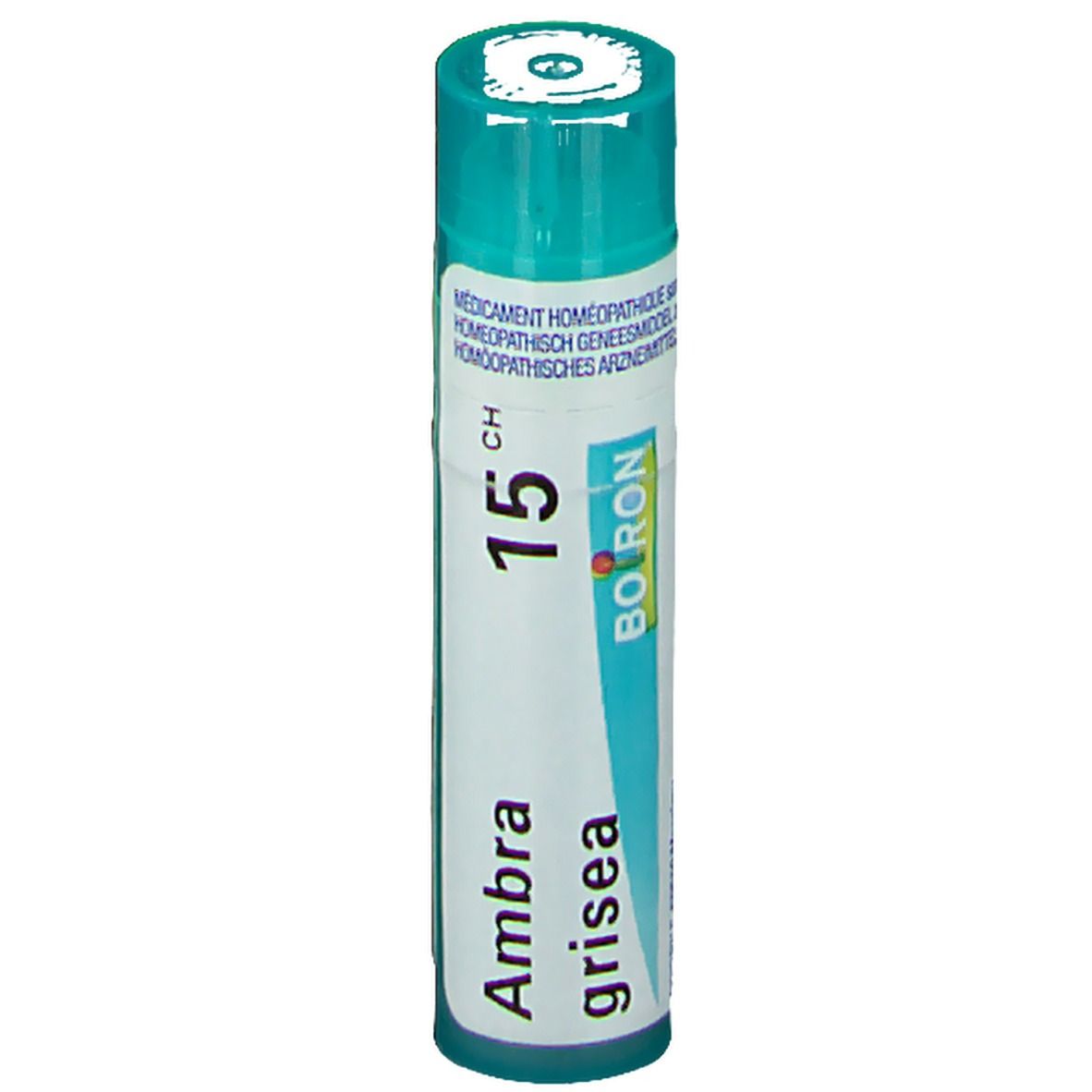 Tube cylindrique avec bouchon vert. Inscription: Ambra grisea 15 CH, Boiron.