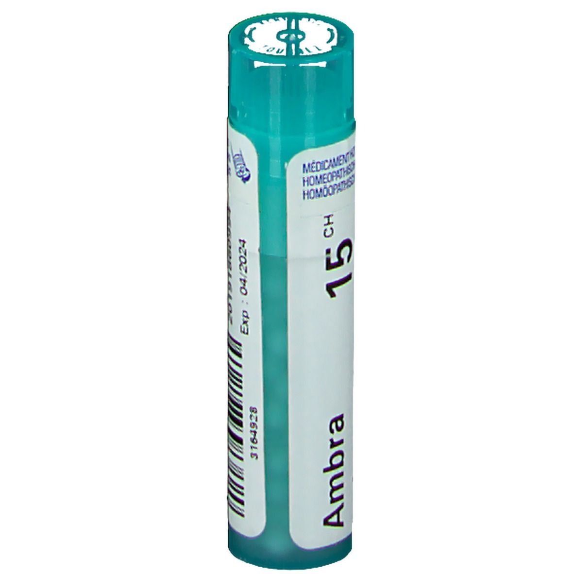Tube cylindrique avec bouchon vert. Inscription: Ambra 15 CH, Exp: 04/2024.