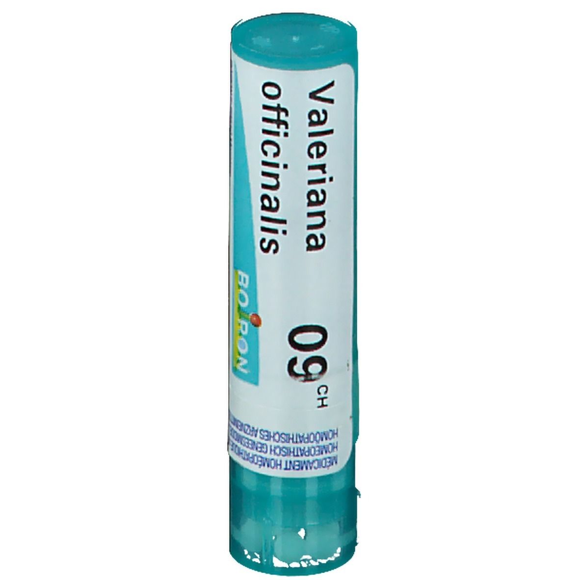 Tube cylindrique bleu et blanc. Inscription: Valeriana officinalis 9CH, Boiron. Contient des granules.