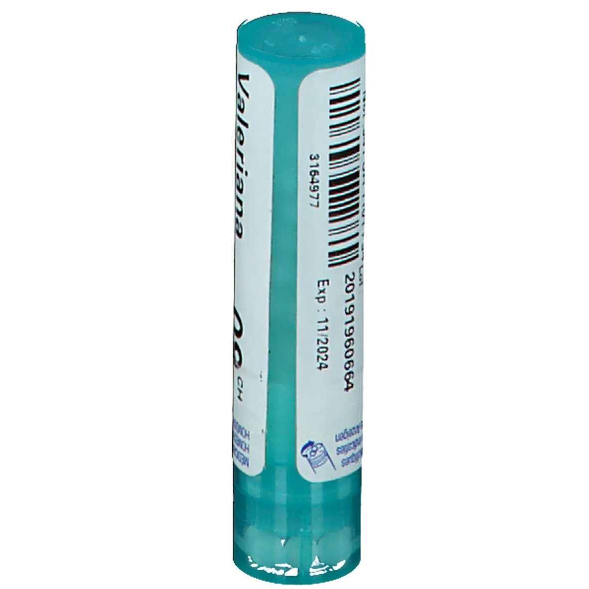 Tube cylindrique bleu et blanc. Étiquette avec code-barres, date d'expiration et numéro de lot.