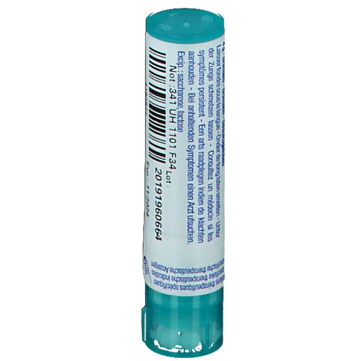 Tube cylindrique bleu et blanc. Étiquette avec code-barres, numéro de lot et texte.