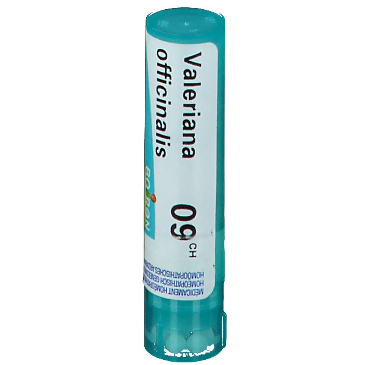 Tube cylindrique bleu et blanc. Inscription: Valeriana officinalis 9CH, Boiron. Granules visibles.