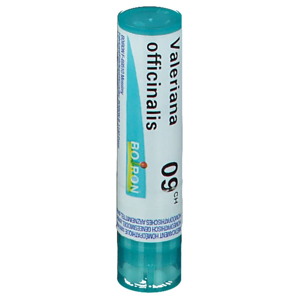 Tube cylindrique bleu et blanc. Inscription: Valeriana officinalis 9CH, Boiron.