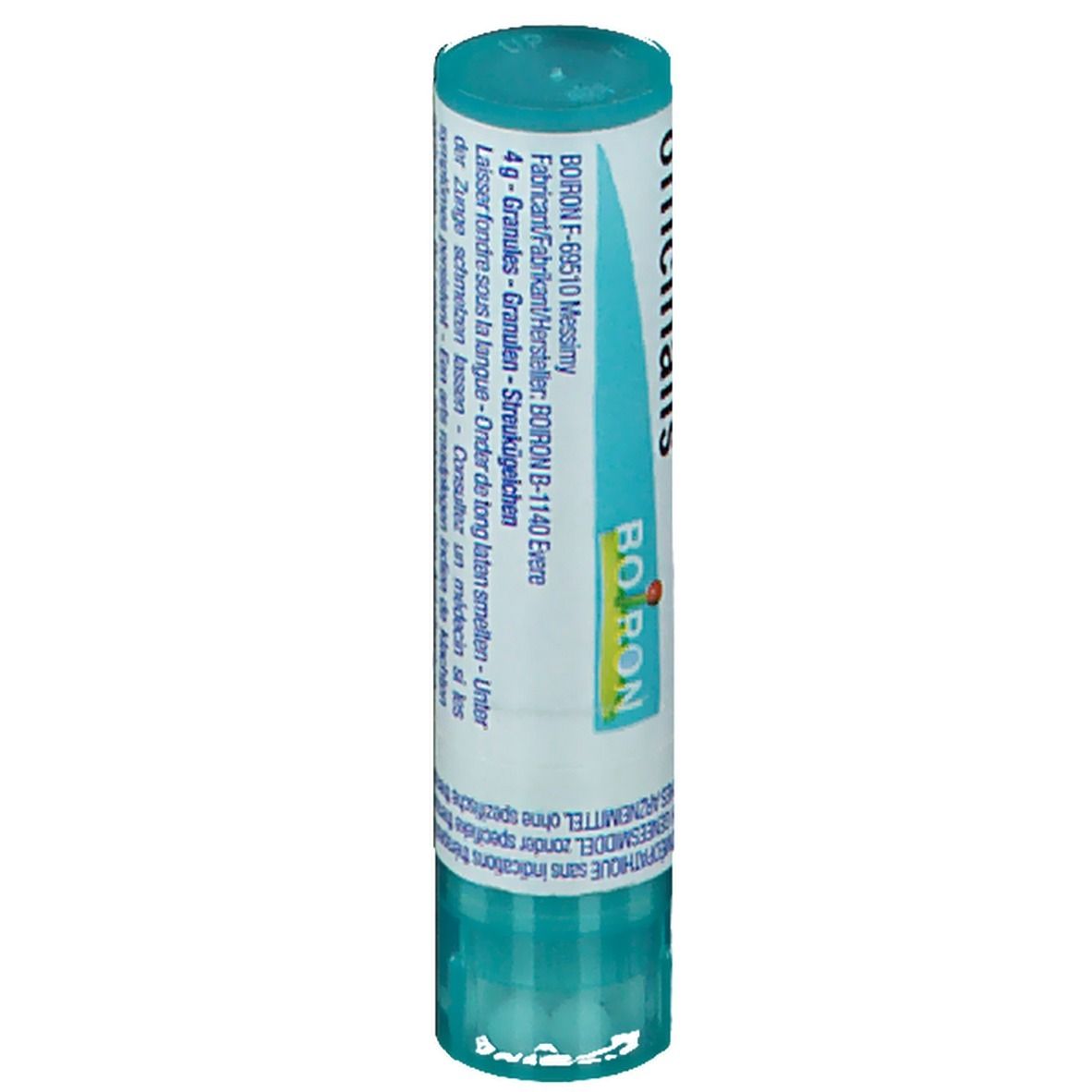 Tube cylindrique bleu et blanc. Inscription: Granules, Boiron. Texte et informations.