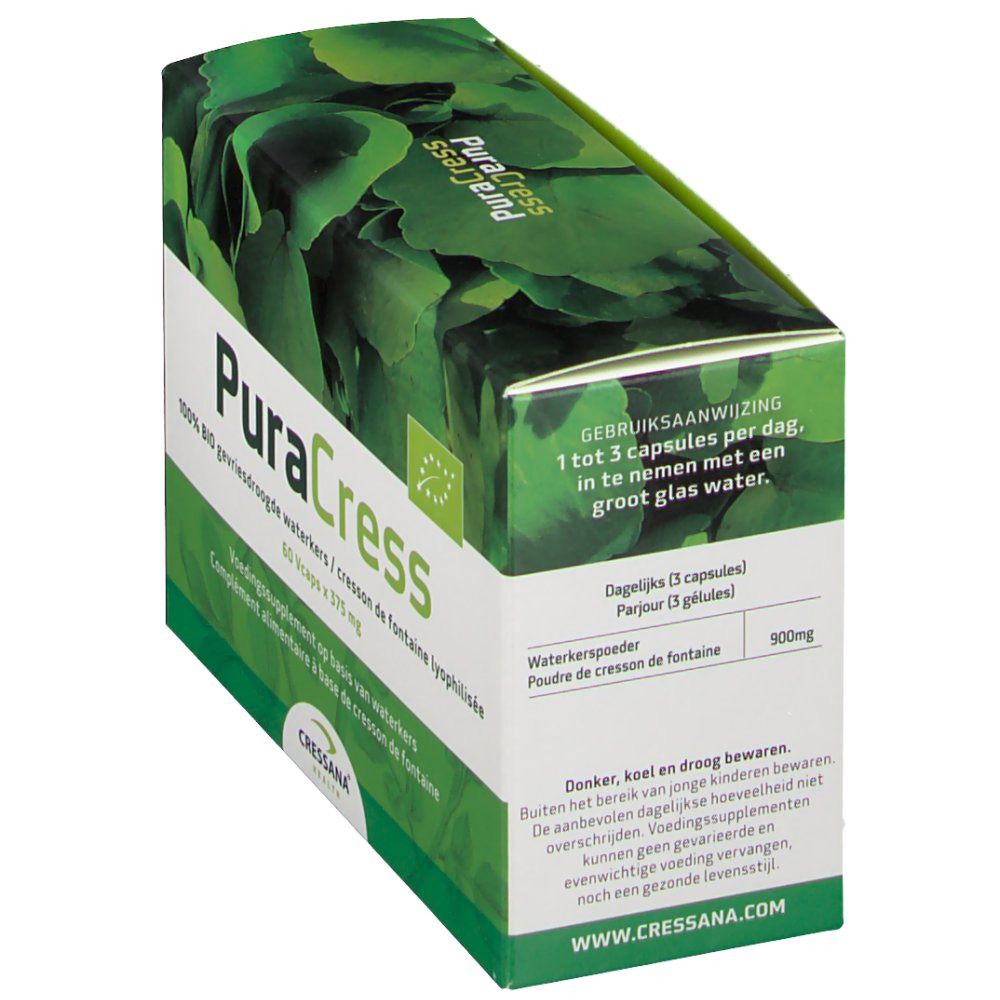 PuraCress-Schachtel, schräg. Aufschrift: 1 bis 3 Kapseln pro Tag. Enthält Informationen zur Anwendung und Inhaltsstoffe.