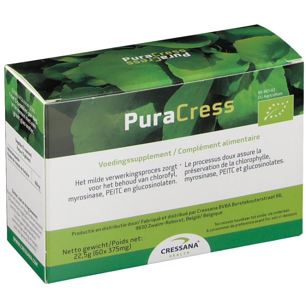 PuraCress-Schachtel. Enthält Informationen zu Inhaltsstoffen und Nährwertangaben. EU-Bio-Logo.