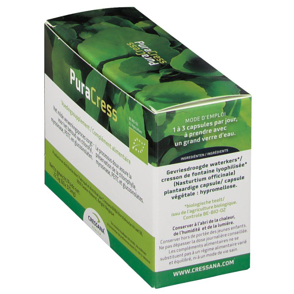 PuraCress-Schachtel, schräg. Enthält Informationen zu Inhaltsstoffen und Anwendung. EU-Bio-Logo.