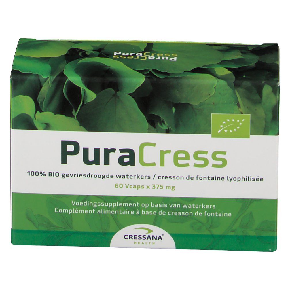 PuraCress-Schachtel. Aufschrift: 100% BIO, 60 Vcaps x 375 mg. Grün-weißes Design mit Blättern.