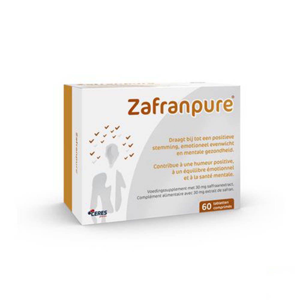 Boîte blanche avec logo Zafranpure et texte. Contient 60 comprimés. Illustration d'une personne avec des flèches.