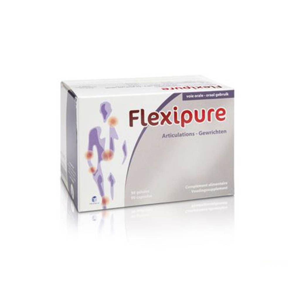 Flexipure-verpakking. Bevat 90 capsules. Informatie over ingrediënten en fabrikant op de verpakking.