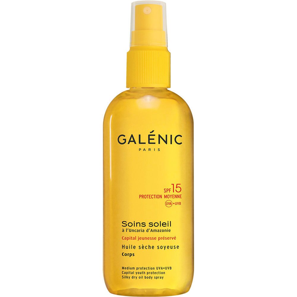 Flacon spray jaune avec logo "GALÉNIC PARIS" et SPF 15. Texte: "Soins soleil", "Huile sèche soyeuse".