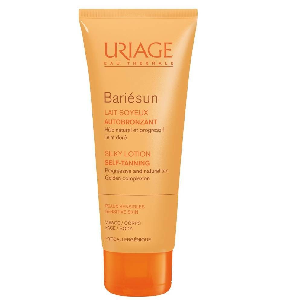 Tube de Uriage BARIÉSUN Lait Soyeux Autobronzant. Fermeture orange. Inscriptions en français et anglais.