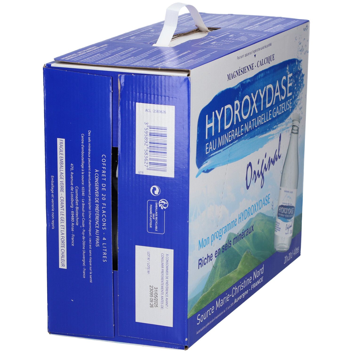 Carton d'eau minérale Hydroxydase. Emballage bleu avec poignée. Inscription: Hydroxydase, Original, eau minérale.