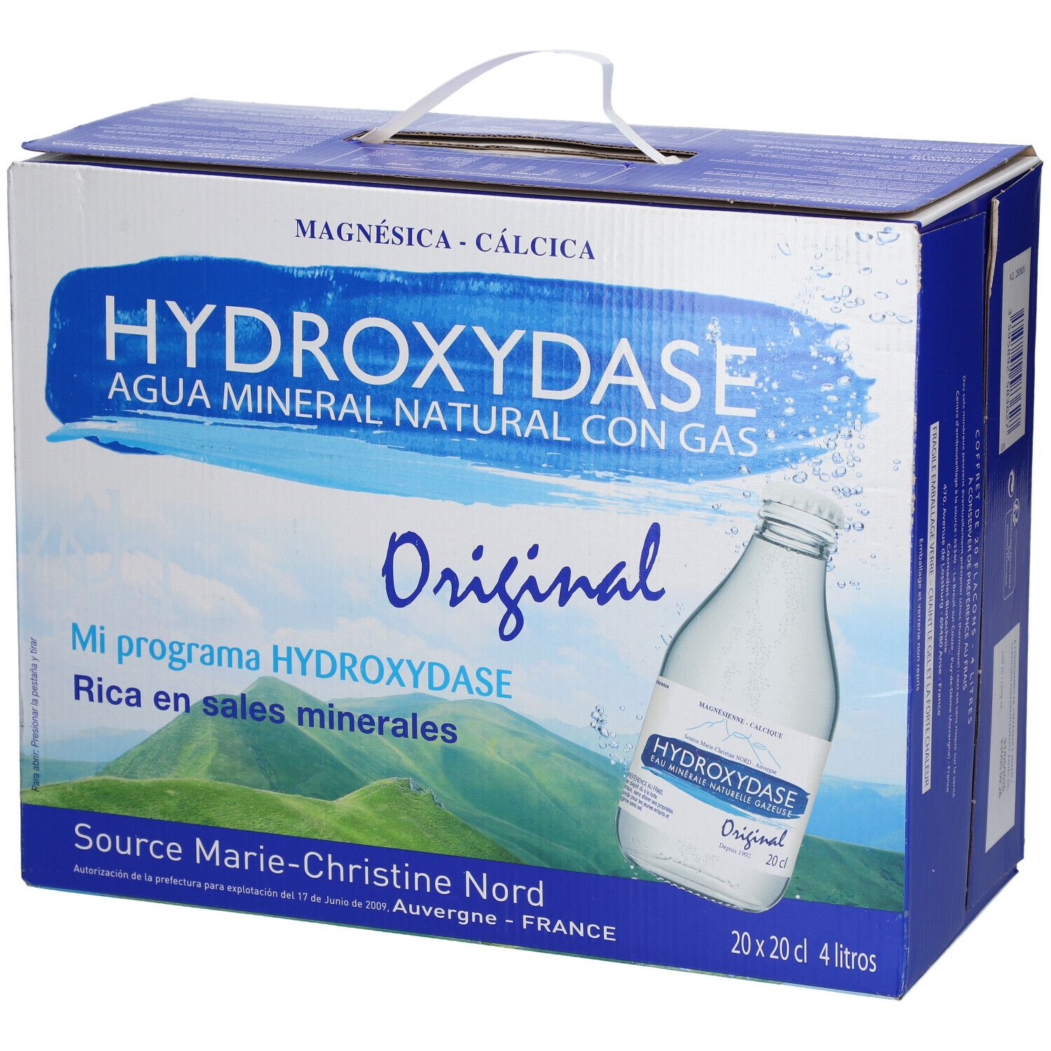 Carton d'eau minérale Hydroxydase. Emballage bleu avec poignée. Inscription: Hydroxydase, Original, eau minérale.