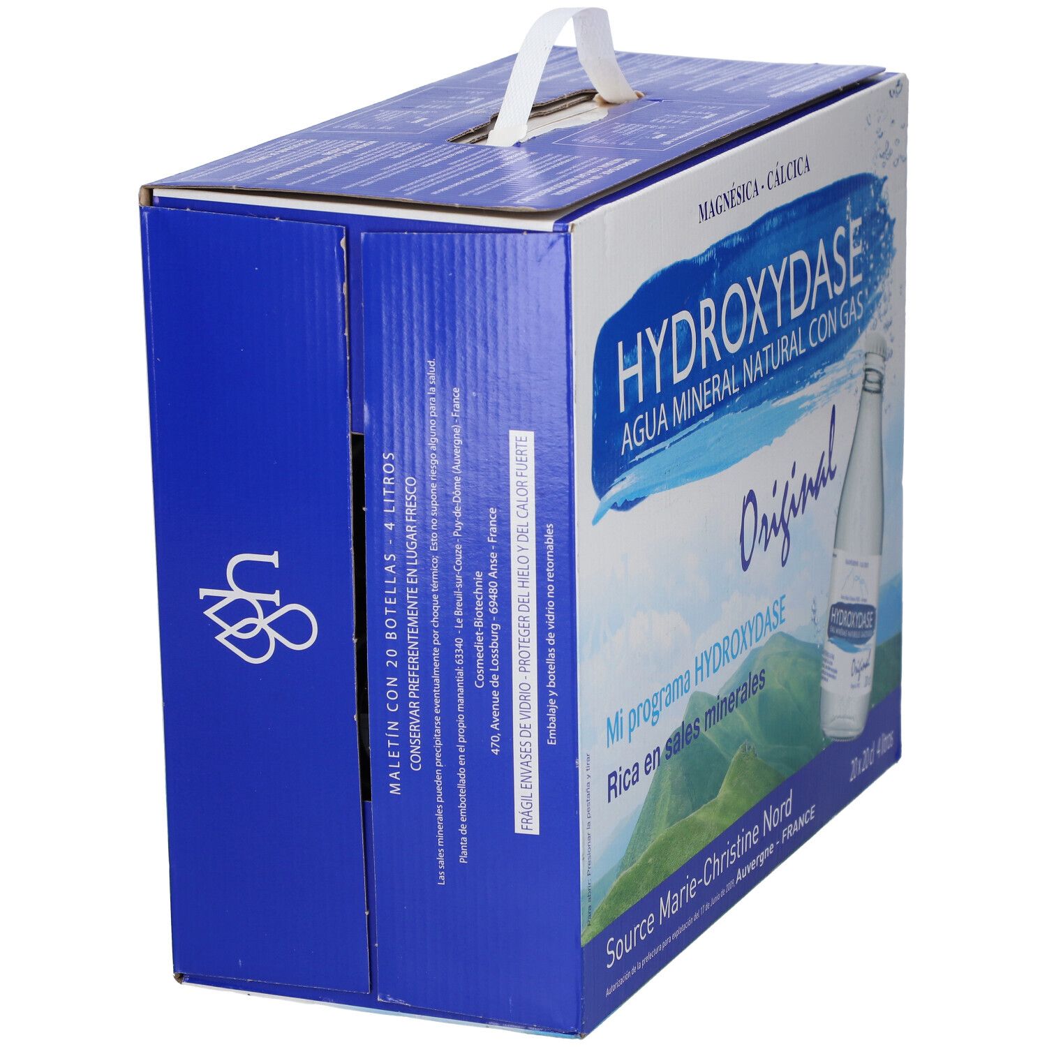 Carton d'eau minérale Hydroxydase. Emballage bleu avec poignée. Inscription: Hydroxydase, Original, eau minérale.