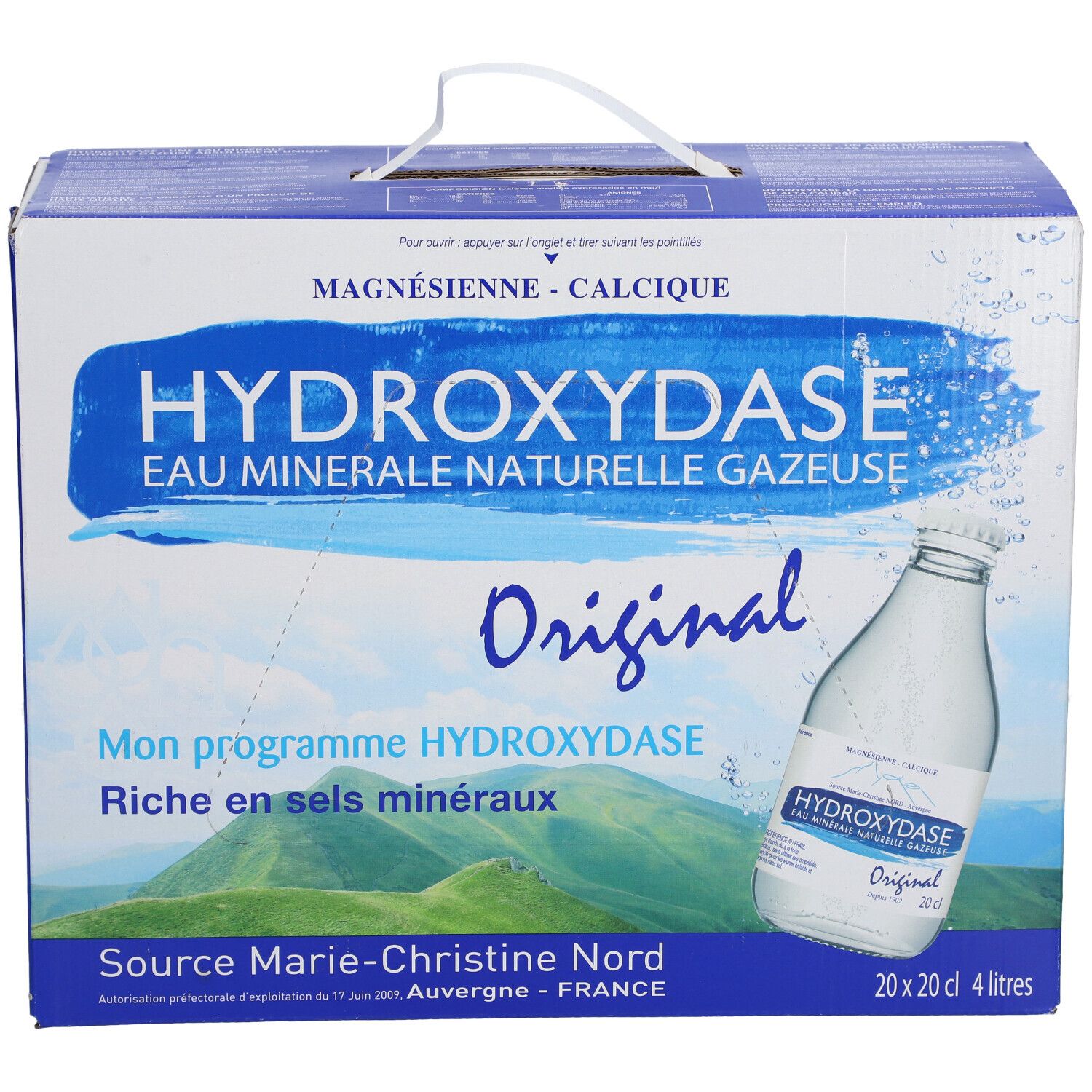 Carton d'eau minérale Hydroxydase. Emballage bleu avec poignée. Inscription: Hydroxydase, Original, eau minérale.