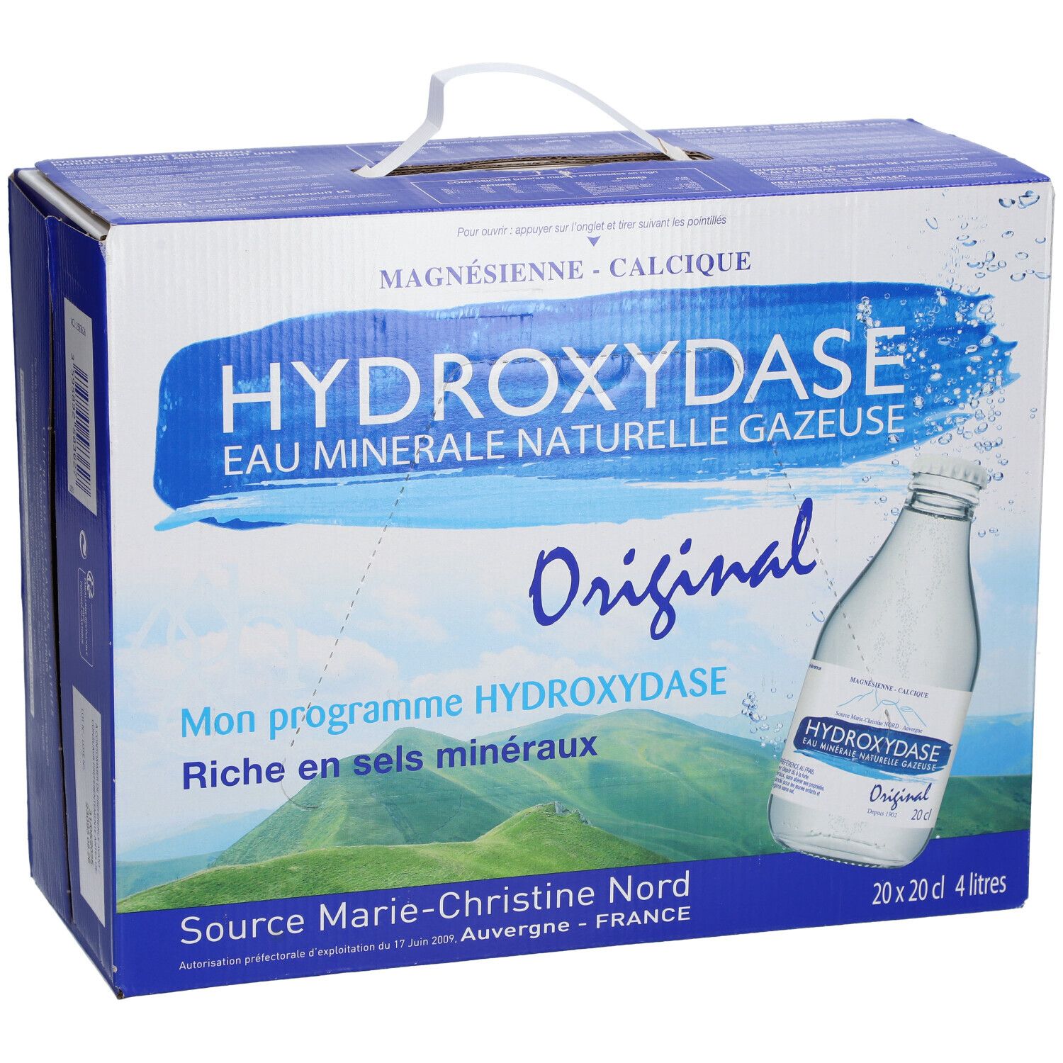 Carton d'eau minérale Hydroxydase. Emballage bleu avec poignée. Inscription: Hydroxydase, Original, eau minérale.
