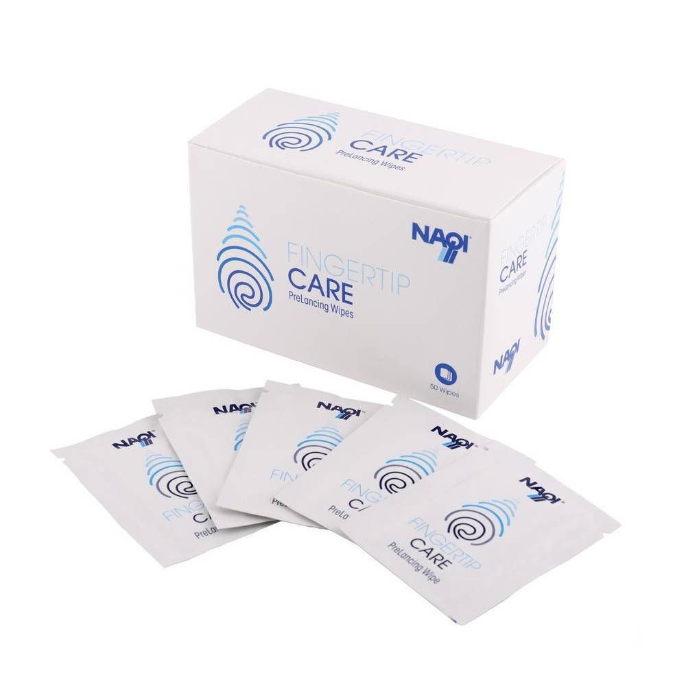 Boîte blanche NAQI Fingertip Care Prelancing Wipes et sachets individuels.