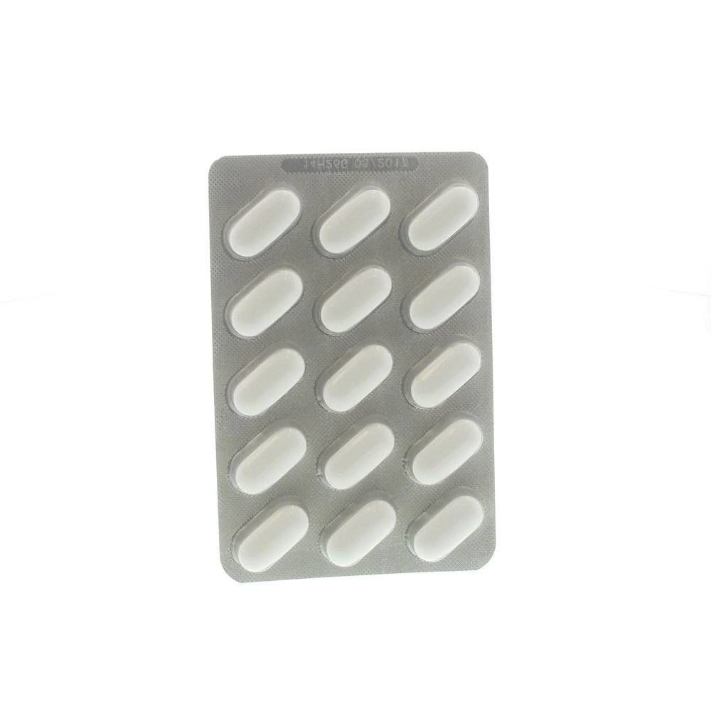 Blister de 15 comprimés ovales blancs. Comprimés dans une feuille d'argent. Inscription sur la feuille.