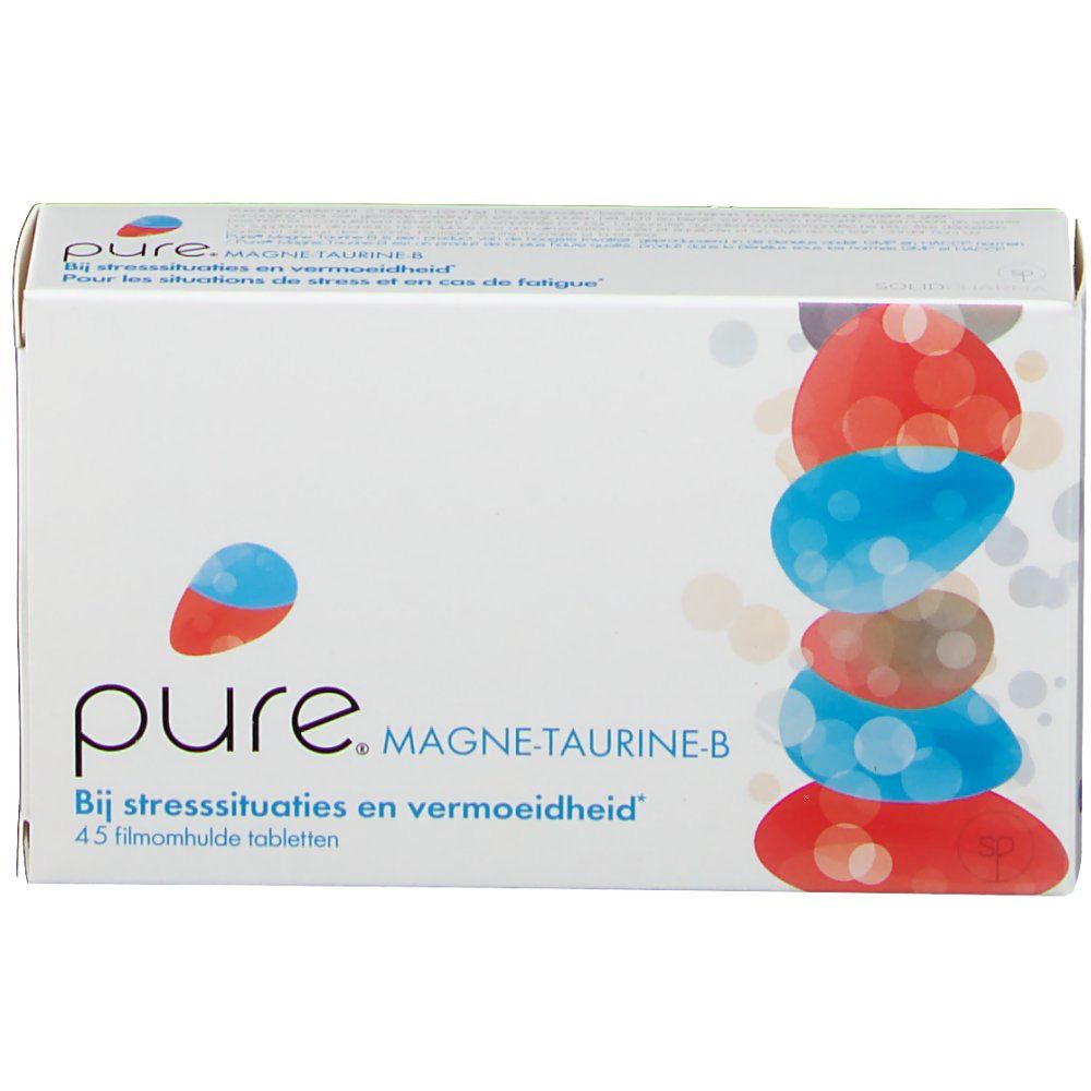 Emballage du produit avec impression. Inscription : pure. MAGNE-TAURINE-B. Texte : Pour les situations de stress et en cas de fatigue. Bij stresssituaties en vermoeidheid. 45 filmomhulde tabletten.