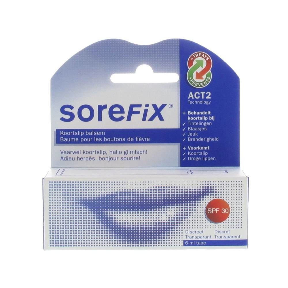 Emballage avec le nom du produit Sorefix. L'emballage porte la mention "SPF 30". Le produit est destiné aux lèvres.
