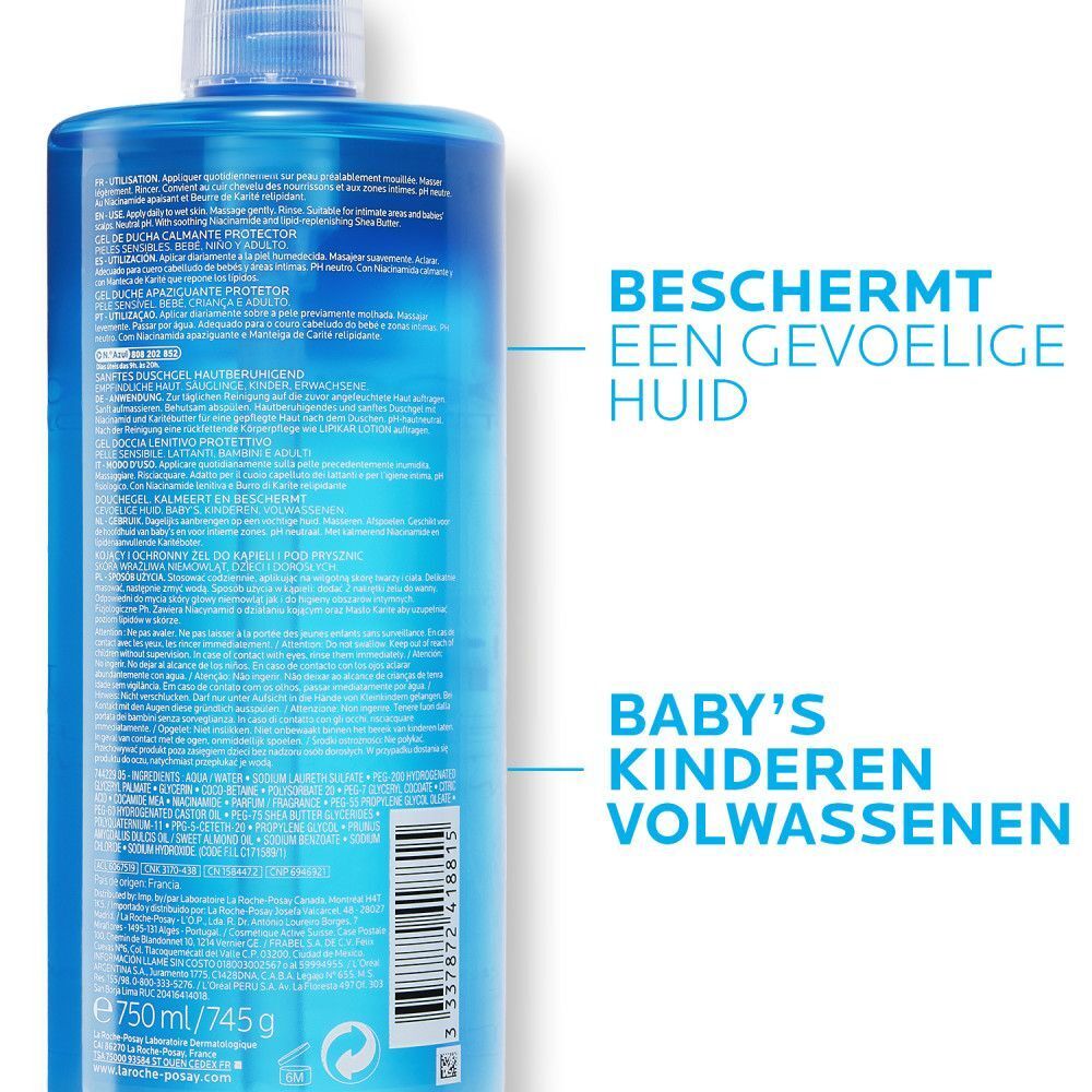 La Roche-Posay Lipikar Gel Lavant. Blauwe fles. Beschermt een gevoelige huid. Baby's, kinderen, volwassenen. Tekst.