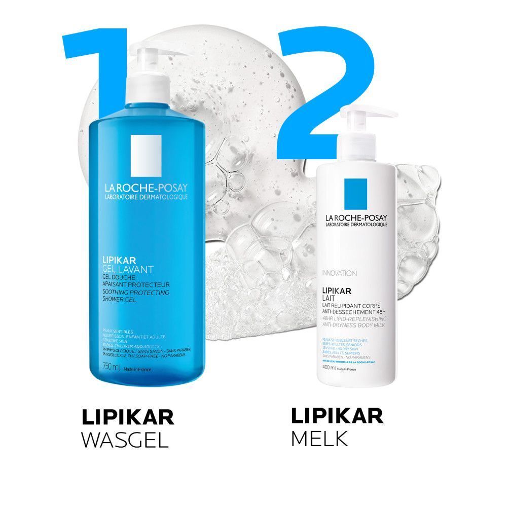 Twee producten: La Roche-Posay Lipikar Wasgel en Melk. Blauwe en witte flessen. Tekst.