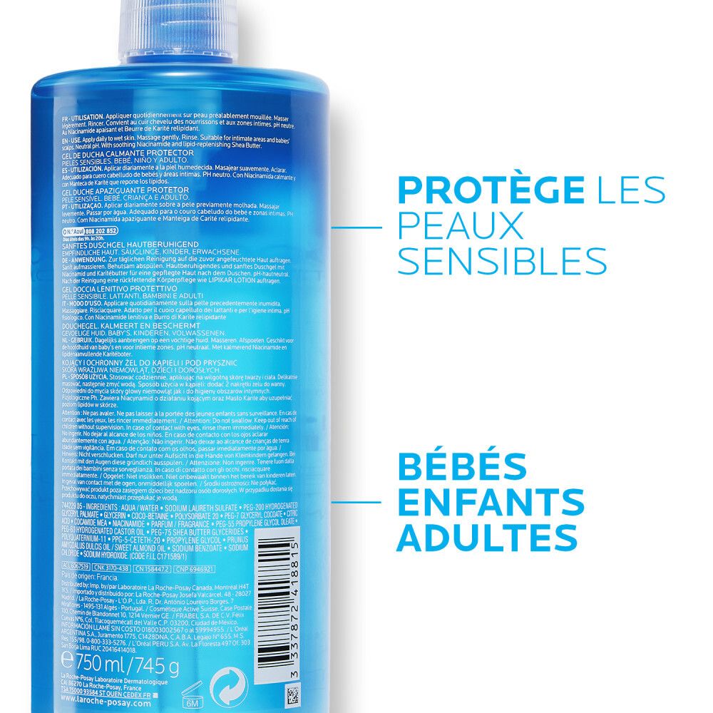 La Roche-Posay Lipikar Gel Lavant. Flacon bleu. Protège les peaux sensibles. Bébés, enfants, adultes. Texte.