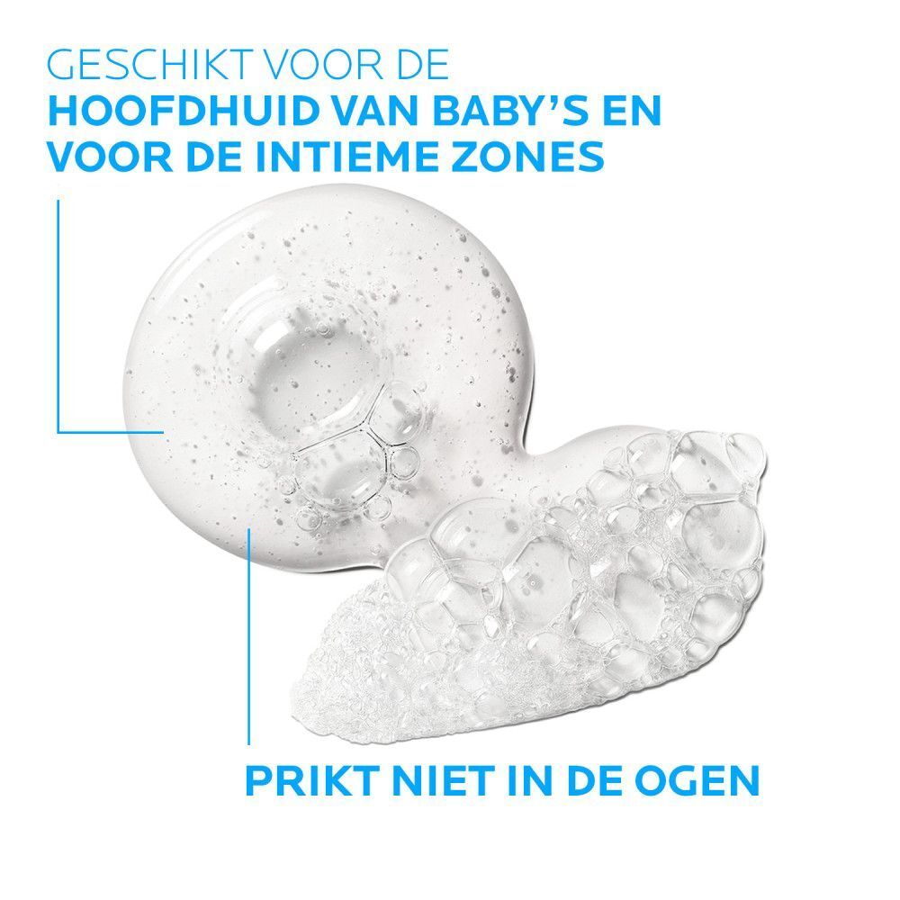 Schuim. Geschikt voor hoofdhuid van baby's en intieme zones. Prikken niet in de ogen. Tekst.