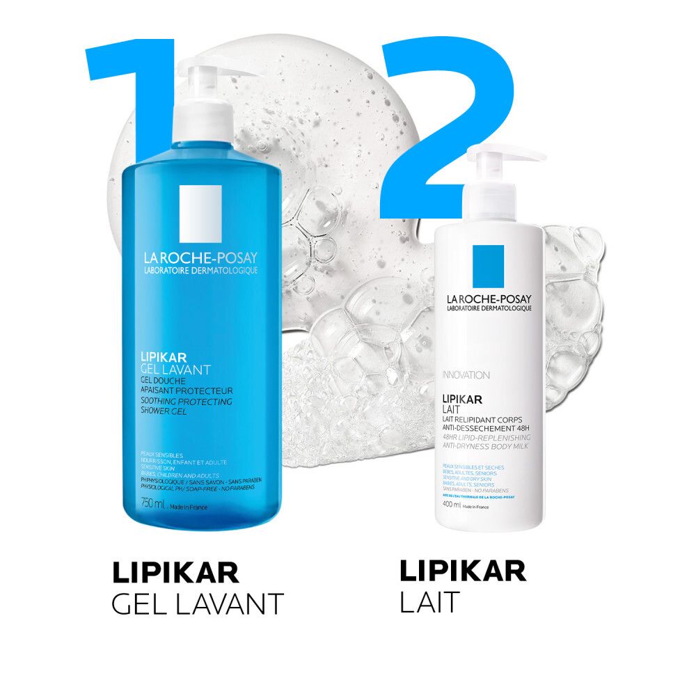 Deux produits: La Roche-Posay Lipikar Gel Lavant et Lipikar Lait. Flacons bleus et blancs. Texte.