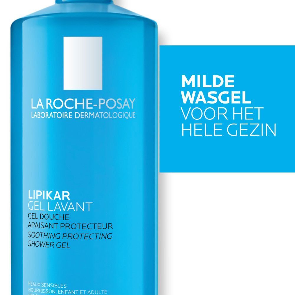 La Roche-Posay Lipikar Gel Lavant. Blauwe fles. Milde wasgel voor het hele gezin. Tekst.