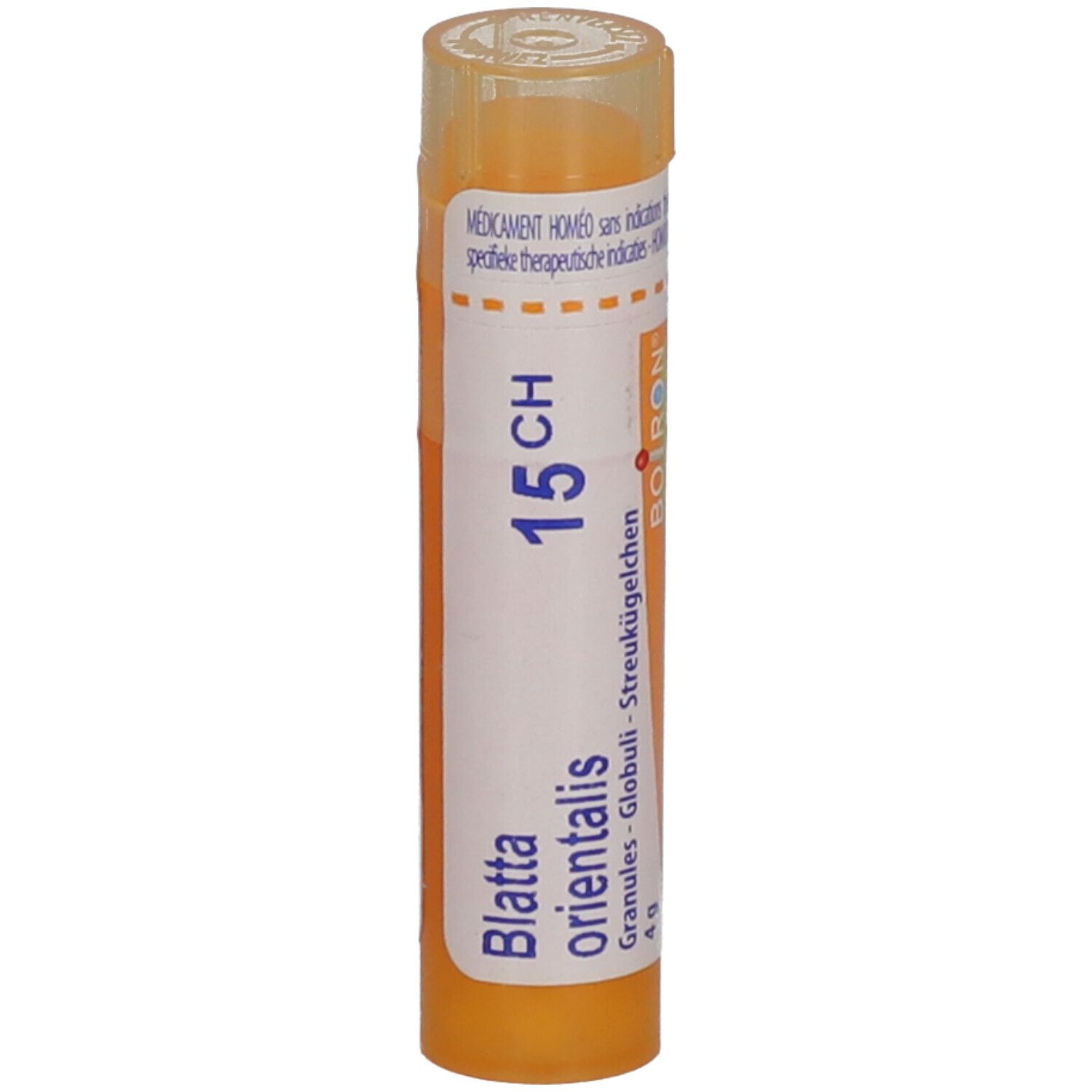 Tube jaune de granules Blatta orientalis 15CH. Etiquette blanche avec texte. Contient 4g.