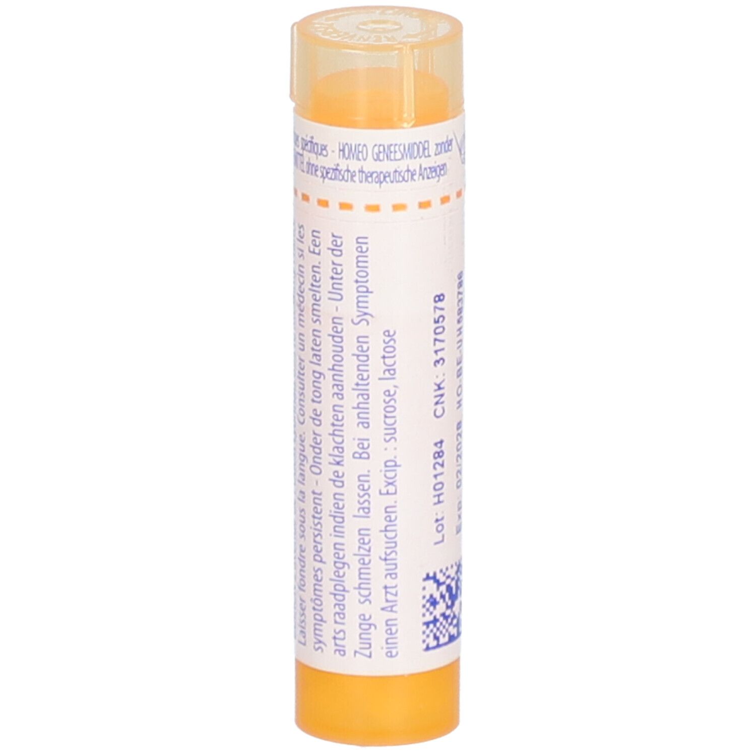 Tube jaune avec étiquette blanche. Texte: instructions d'utilisation, ingrédients, numéro de lot. Blatta orientalis.