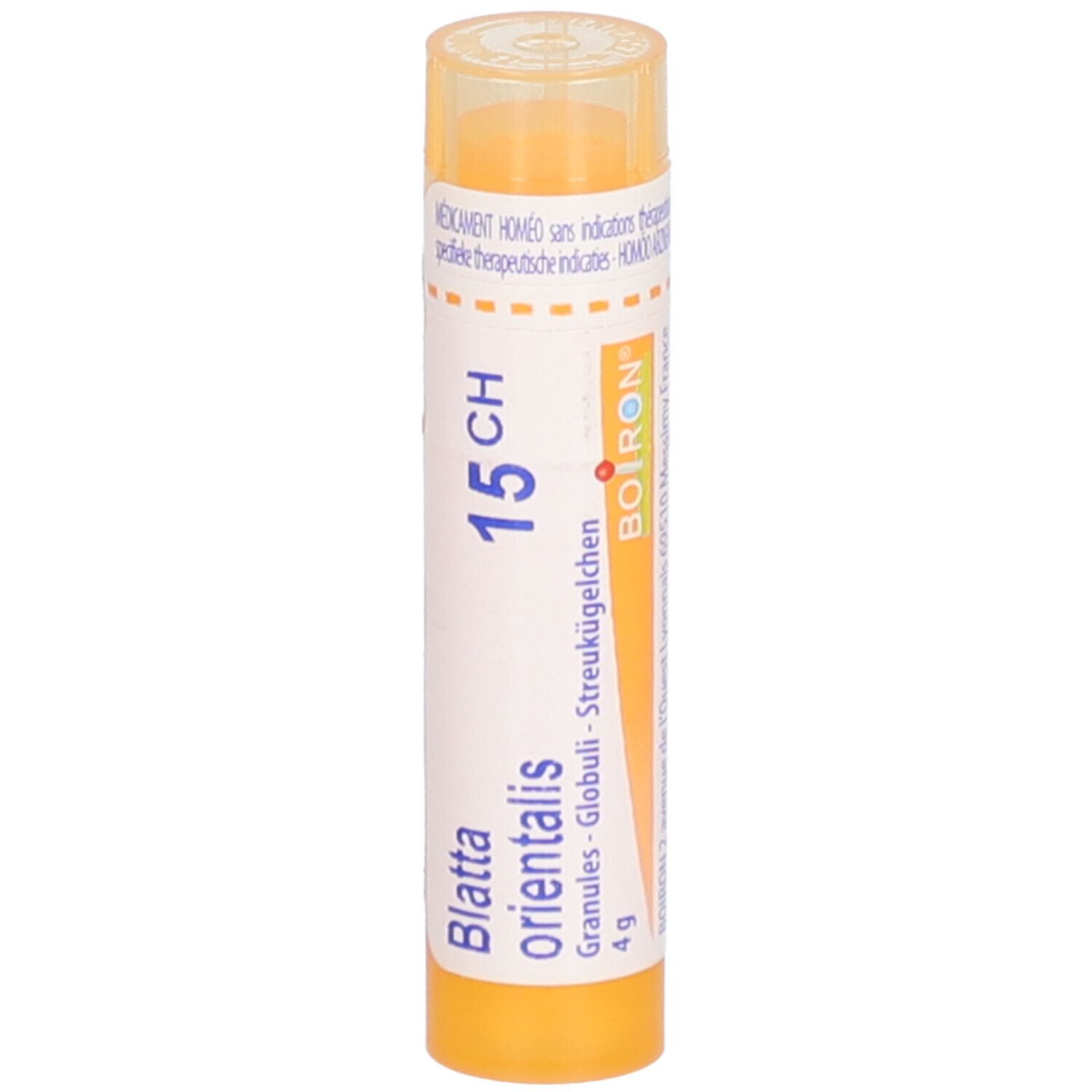 Tube jaune avec étiquette blanche. Texte: 15CH, granules, Blatta orientalis, Boiron. Contient 4g.