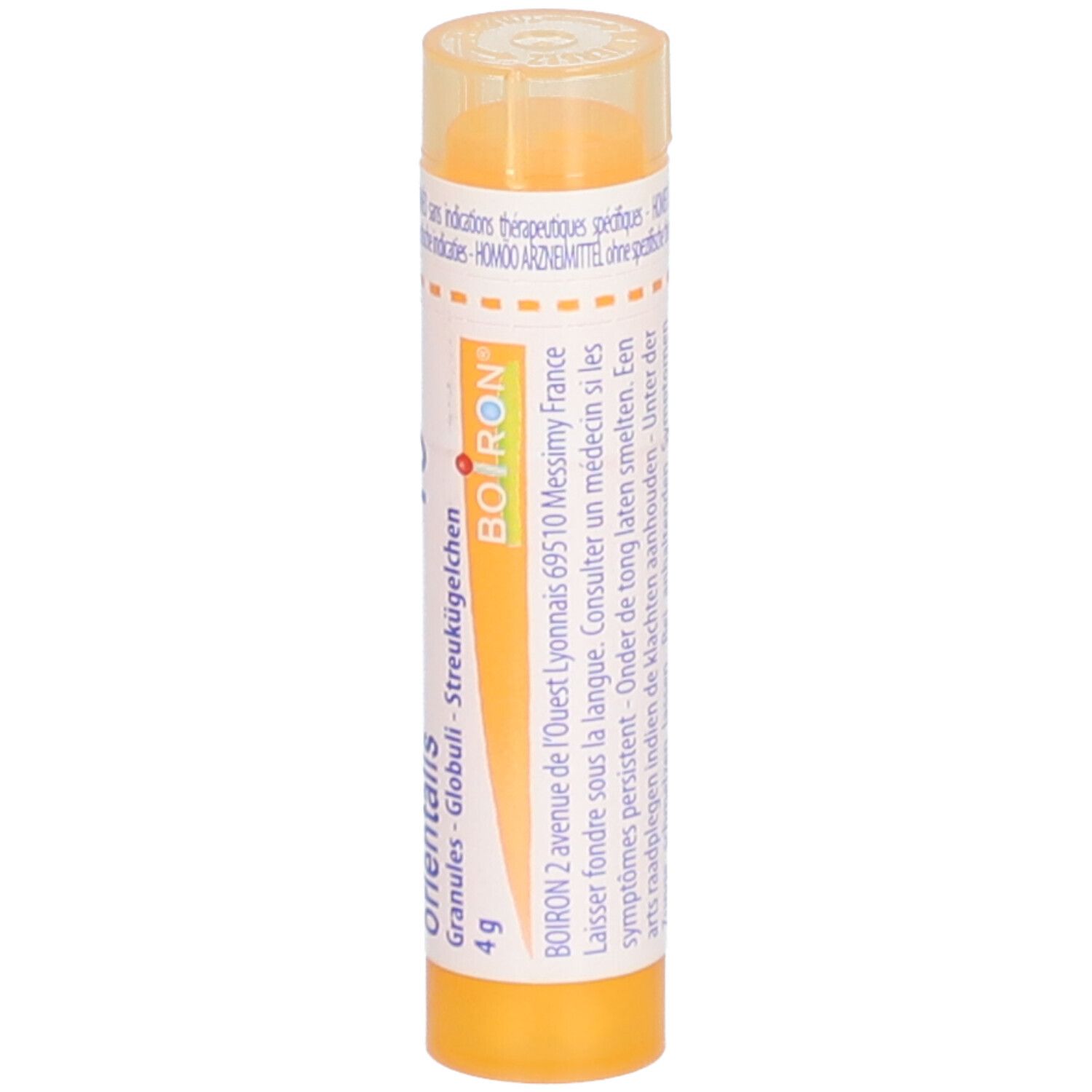 Tube jaune avec étiquette blanche. Texte: 15CH, granules, Blatta orientalis, Boiron. Adresse. Contient 4g.