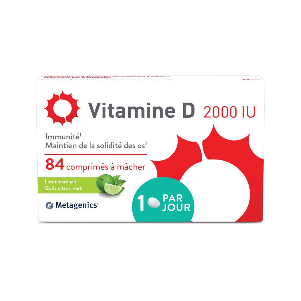 Vitamine D 2000 UI. Boîte blanche avec design rouge. 84 comprimés à mâcher. Goût citron vert. Metagenics.