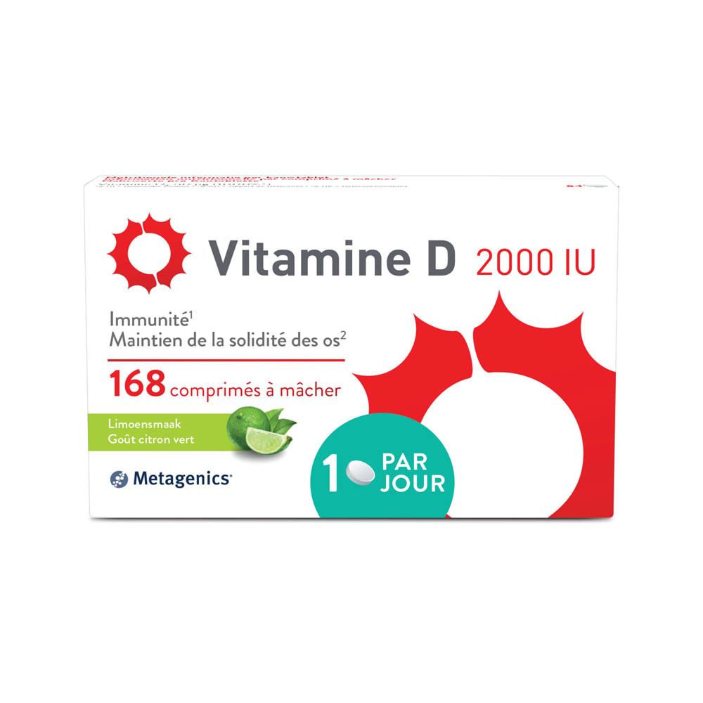 Boîte de Vitamine D 2000 UI. Contient 168 comprimés à mâcher, goût citron vert. Marque: Metagenics.