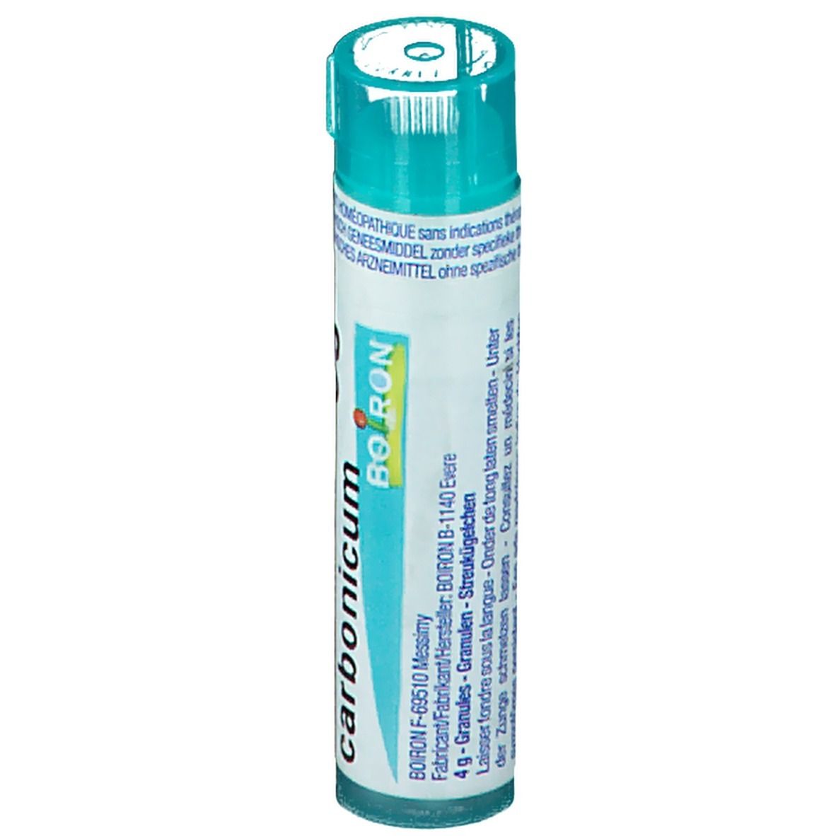 Cilindrische tube met witte en turquoise etiketten. Opschrift: Natrum carbonicum, Boiron. Bevat 4g korrels.
