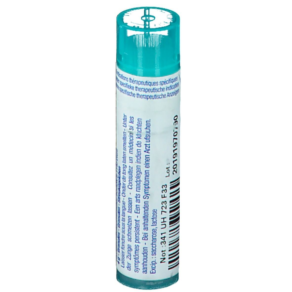 Cilindrische tube met witte en turquoise etiketten. Opschrift: Lotnummer en vervaldatum. Bevat sucrose, lactose.