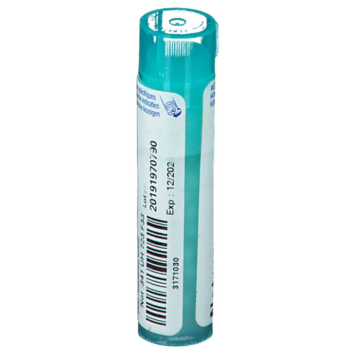 Cilindrische tube met witte en turquoise etiketten. Opschrift: Lotnummer en vervaldatum.