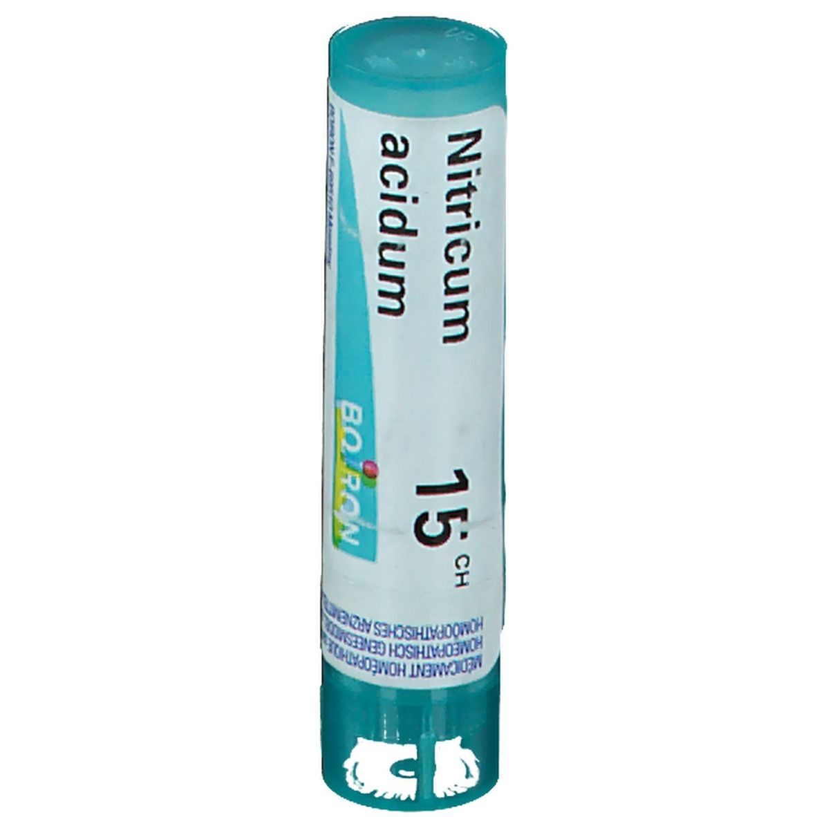 Tube cylindrique bleu et blanc. Inscription: Nitricum acidum 15 CH, Boiron.