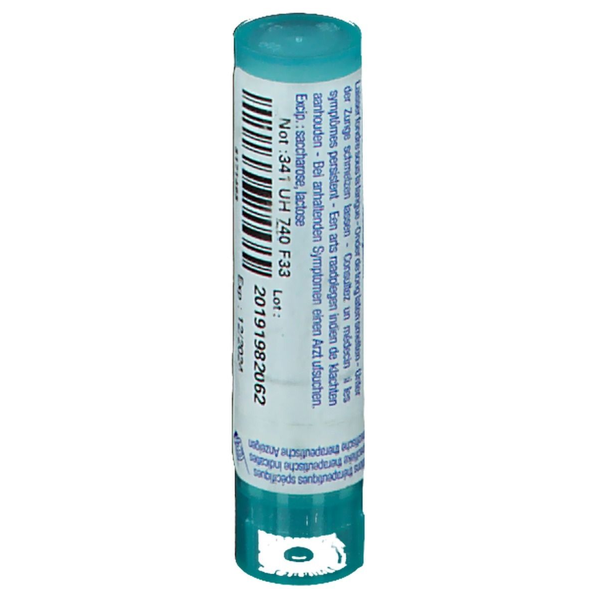 Tube cylindrique avec étiquette. Inscription: Not.341 UH 740 F33, Exp: 12/2024.