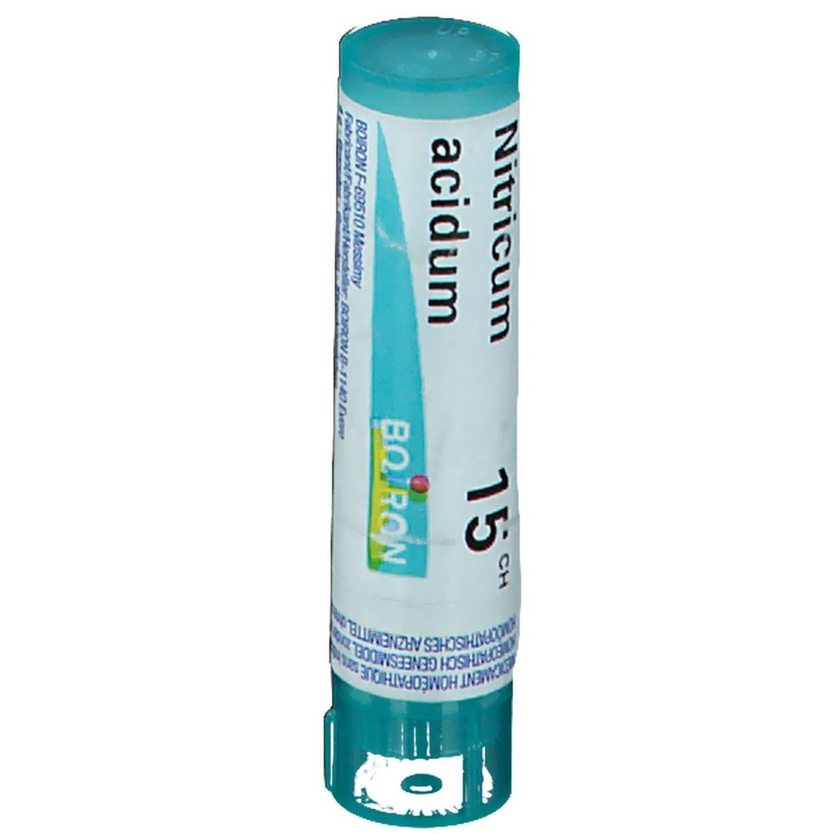 Tube cylindrique bleu et blanc. Inscription: Nitricum acidum 15 CH, Boiron.
