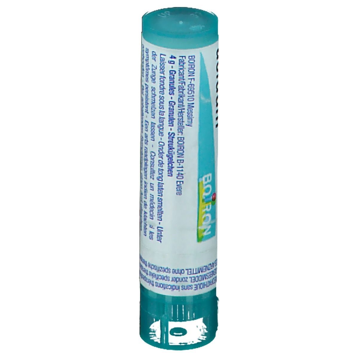 Tube cylindrique avec étiquette. Inscription: 4 g Granules, Boiron.