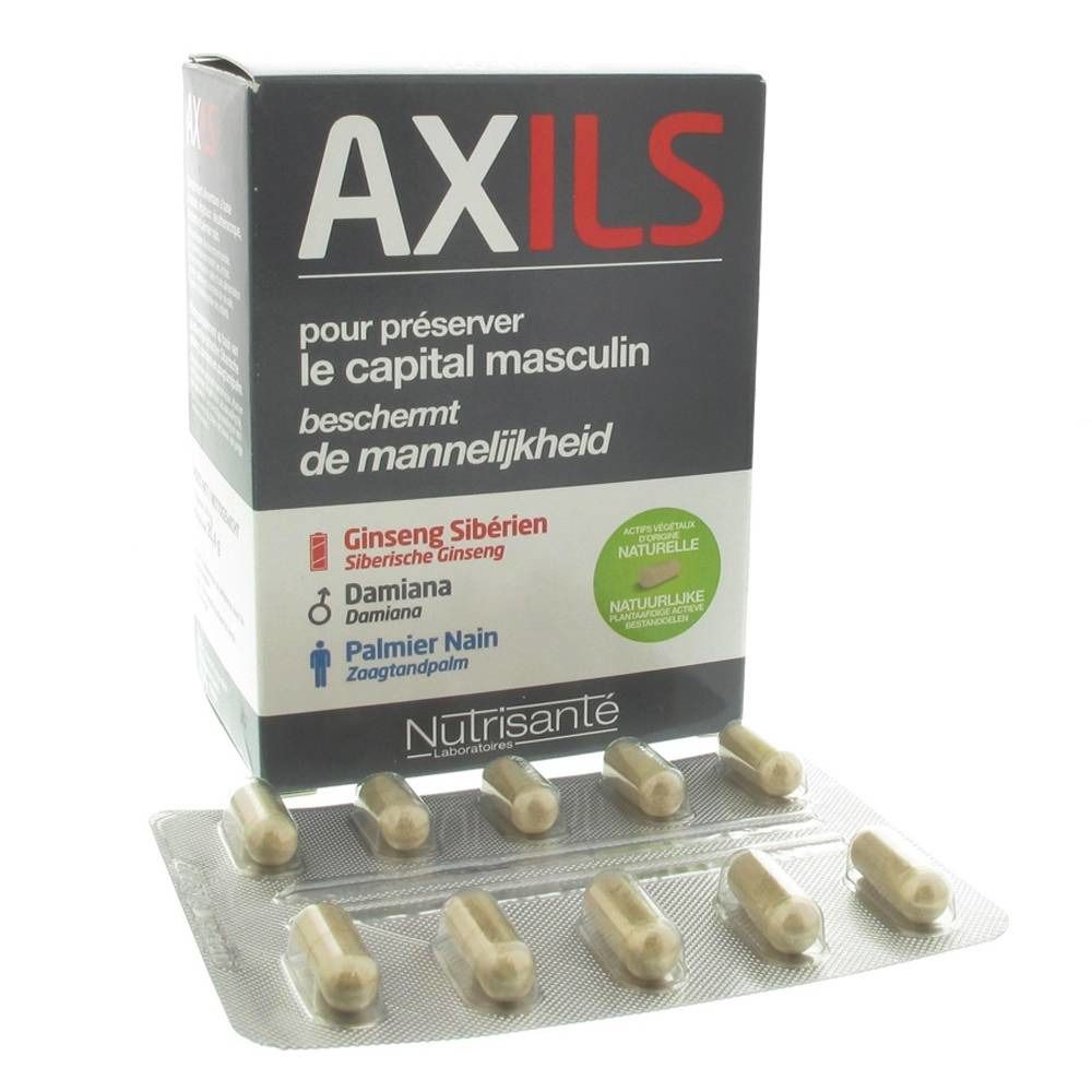 Doosje met AXILS capsules en blisterverpakking. Opschrift: pour préserver le capital masculin. Bevat Ginseng Sibérien, Damiana, Palmier Nain. Merk: Nutrisanté.